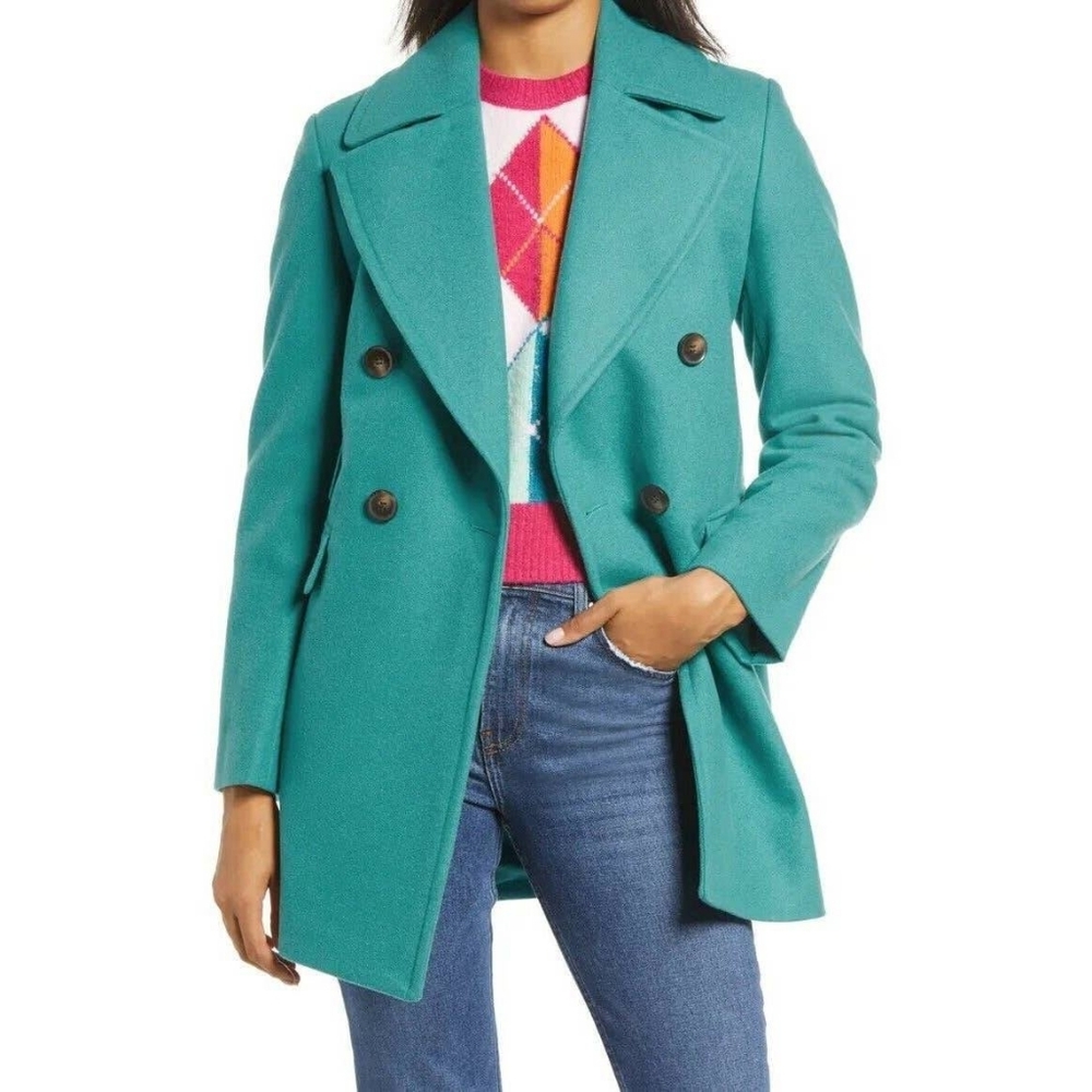 Halogen Green Womens Double Breasted Wool Pea Coat Teal Lapis Size Small